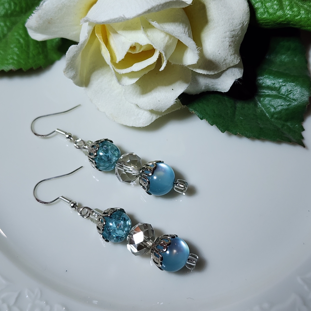 Hand Crafted Elegant Blue and Silver Toned Dangle Earrings
